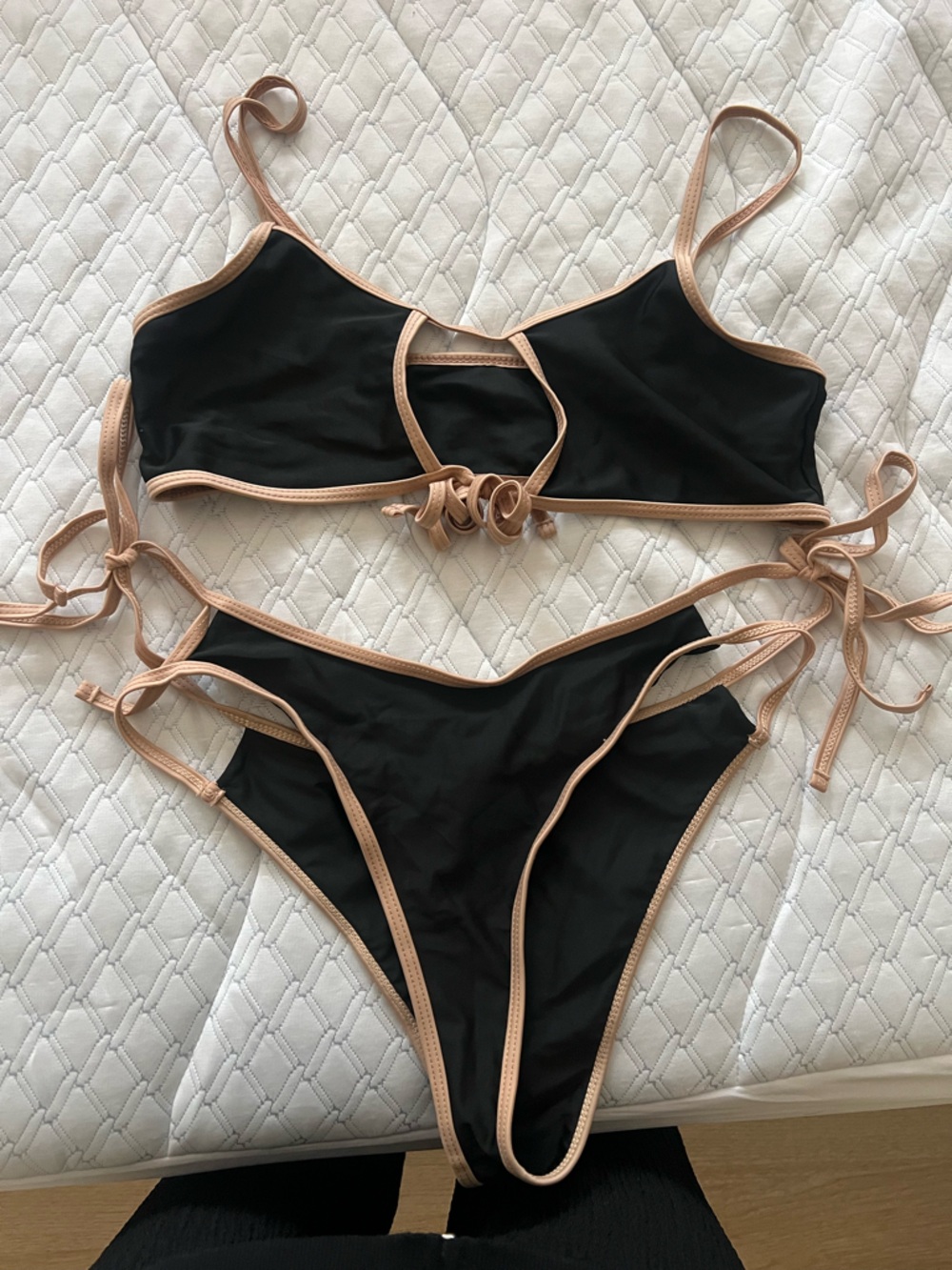 Black & Beige Contrast Tie-Side Bikini - Women Swim